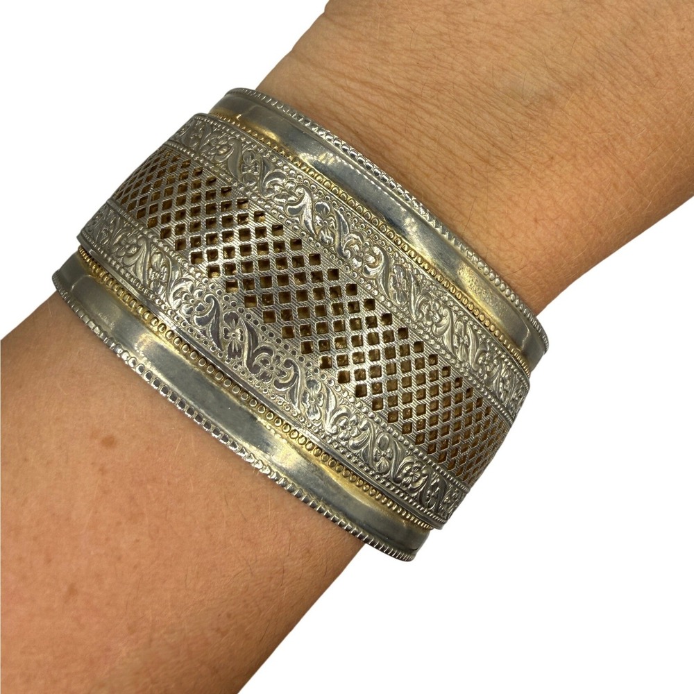 Silver Gold Tone Filigree Ornate Wide Cuff Bracelet Boho Ethnic Statement